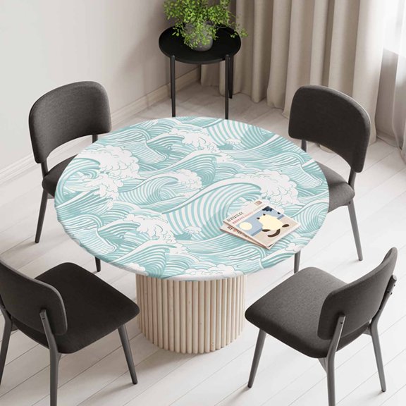 Round Fitted Tablecloth,Summer Coastal Abstract Waves Circle Table Cover Waterproof Table Cloth with Elastic Edge,Modern Minimalist Wavy Outdoor Tablecloths for Kitchen Picnic 45-54in