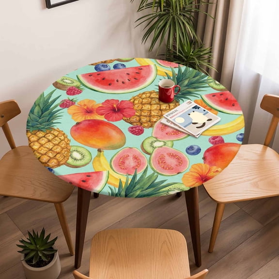 Round Fitted Tablecloth,Summer Fruits Watermelon Pineapple Circle Table Cover Waterproof Table Cloth with Elastic Edge,Mango Barley Kiwi Outdoor Tablecloths for Kitchen Picnic 36-44in