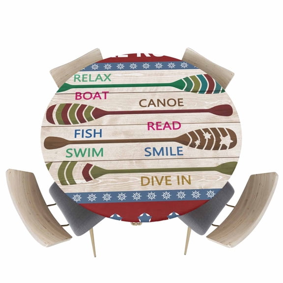 Round Fitted Tablecloth,Summer Lake Rules Paddle Circle Table Cover Waterproof Table Cloth with Elastic Edge,Farm Wood Grain Red Maroon Outdoor Tablecloths for Kitchen Picnic 45-54in