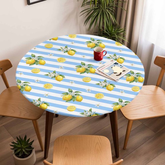 Round Fitted Tablecloth,Summer Lemon Flower Leaf Circle Table Cover Waterproof Table Cloth with Elastic Edge,Yellow Fruit Blue White Stripe Outdoor Tablecloths for Kitchen Picnic 36-44in