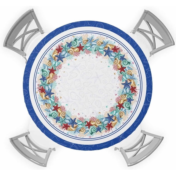 Round Fitted Tablecloth, Summer Ocean Starfish Marine Life Coral Fish Jellyfish Blue Waterproof Table Cloth Table Cover with Elastic Edged for Outdoor Picnic Parties, Fits Tables up to 45" - 54"