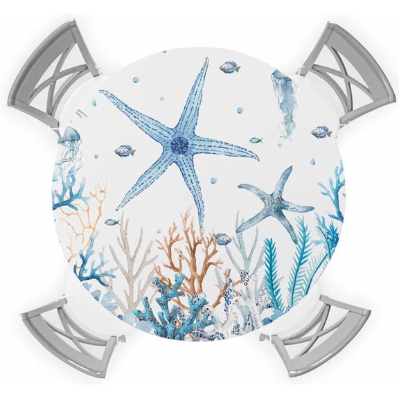 Round Fitted Tablecloth, Summer Ocean Starfish Marine Life Coral Fish Jellyfish Blue Waterproof Table Cloth Table Cover with Elastic Edged for Outdoor Picnic Parties, Fits Tables up to 45" - 54"