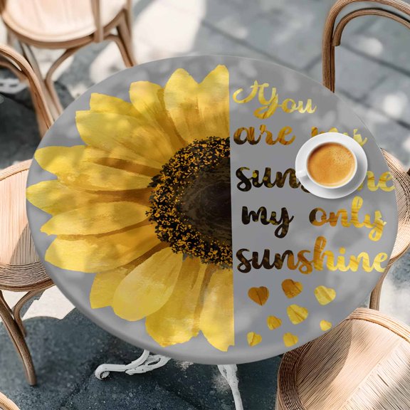 Round Fitted Tablecloth,Sunflower on Grey Circle Table Cover Waterproof Table Cloth with Elastic Edge,Yellow Word Art Quotes Outdoor Tablecloths for Kitchen Picnic 55-60in