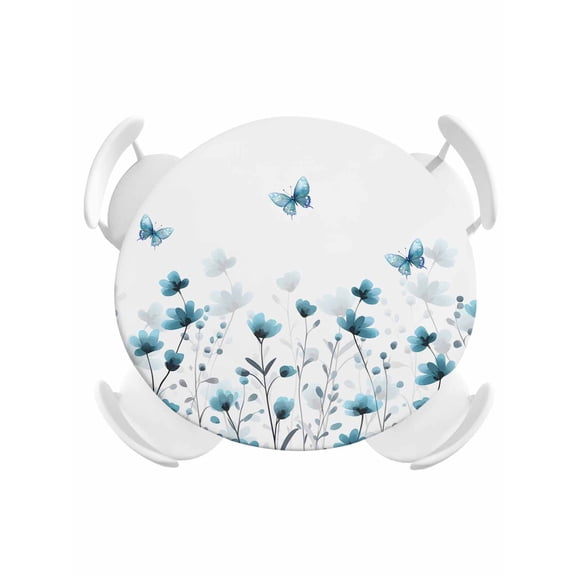 Round Fitted Tablecloth,Teal Blue Butterfly Flower on White Circle Table Cover Waterproof Table Cloth with Elastic Edge,Watercolor Botanical Outdoor Tablecloths for Kitchen Picnic 36-44in