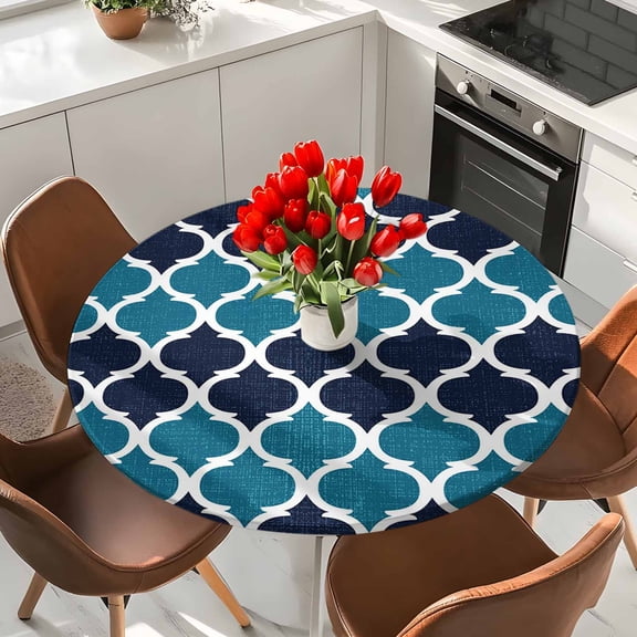 Round Fitted Tablecloth,Teal Moroccan Pattern Buffalo Check Circle Table Cover Waterproof Table Cloth with Elastic Edge,Navy Blue Style Outdoor Tablecloths for Kitchen Picnic 36-44in