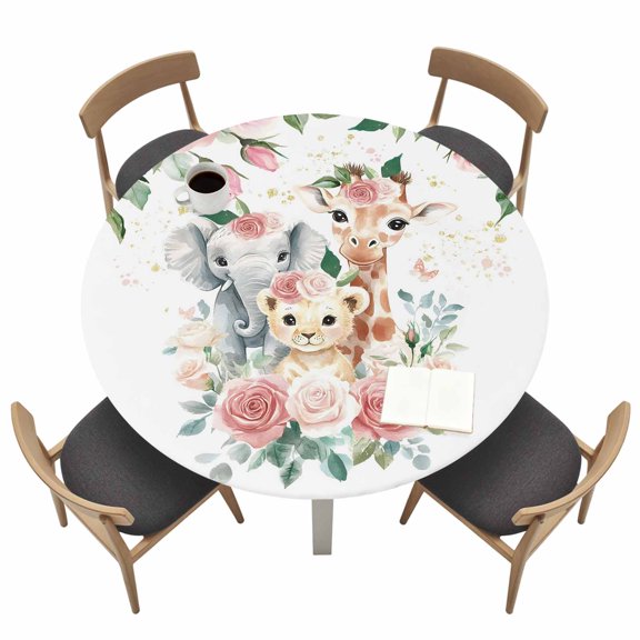 Round Fitted Tablecloth,Tiger Lion Giraffe Pink Rose Floral Circle Table Cover Waterproof Table Cloth with Elastic Edge,Green Leaves Flower Outdoor Tablecloths for Kitchen Picnic 55-60in