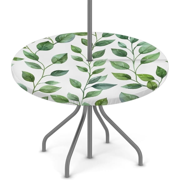Round Fitted Tablecloth with Umbrella Hole Green Leaves Outdoor Fitted Tablecloth with Zipper Round Elastic Table Cover 36"- 44" Outdoor Patio Table Cloth for Picnic Beach
