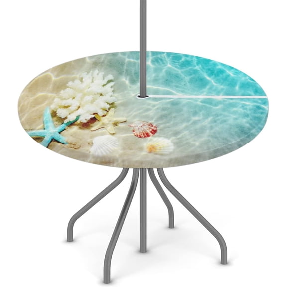 Round Fitted Tablecloth with Umbrella Hole Summer Beach Outdoor Fitted Tablecloth with Zipper Round Elastic Table Cover Waterproof Umbrella Table Cloth 36"-44" Patio Picnic Outdoor Tablecloth