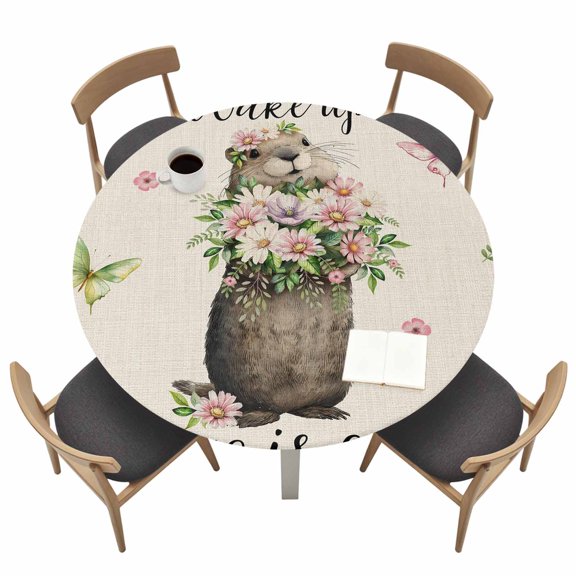 Round Fitted Tablecloth,Vintage Farm Groundhog Flowers Circle Table Cover Waterproof Table Cloth with Elastic Edge,Wake up Spring Is Coming Outdoor Tablecloths for Kitchen Picnic 36-44in