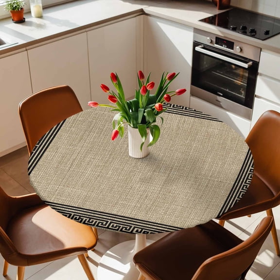 Round Fitted Tablecloth,Vintage Greece Pattern Circle Table Cover Waterproof Table Cloth with Elastic Edge,Geometric Black Line on Brown Outdoor Tablecloths for Kitchen Picnic 36-44in
