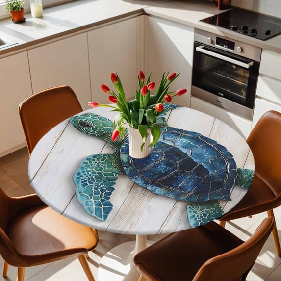 Round Fitted Tablecloth,Vintage Ocean Sea Turtle on Wood Grain Circle Table Cover Waterproof Table Cloth with Elastic Edge,Marine Life Outdoor Tablecloths for Kitchen Picnic 36-44in