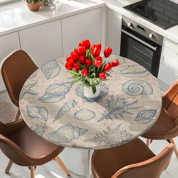 Round Fitted Tablecloth,Vintage Sea Stars Shells Circle Table Cover Waterproof Table Cloth with Elastic Edge,Retro Paper Background Outdoor Tablecloths for Kitchen Picnic 36-44in