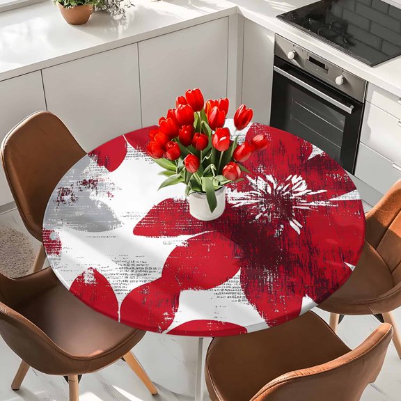 Round Fitted Tablecloth,Vintage Summer Red Grey Flowers Circle Table Cover Waterproof Table Cloth with Elastic Edge,Rustic Blossom Floral Field Outdoor Tablecloths for Kitchen Picnic 36-44in