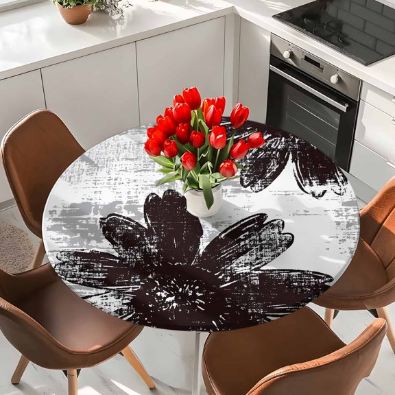 Round Fitted Tablecloth,Vintage Watercolor Black Flower Circle Table Cover Waterproof Table Cloth with Elastic Edge,Rustic Farmhouse Floral Field Outdoor Tablecloths for Kitchen Picnic 36-44in