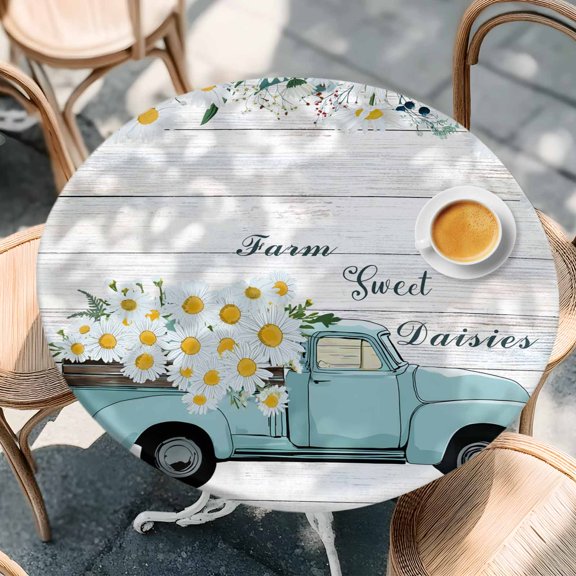 Round Fitted Tablecloth,Watercolor Daisy Floral Farm Truck Circle Table Cover Waterproof Table Cloth with Elastic Edge,Spring Flower on Wood Grain Outdoor Tablecloths for Kitchen Picnic 55-60in