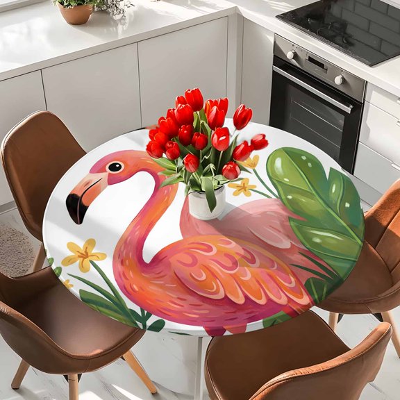 Round Fitted Tablecloth,Watercolor Flaming Birds Green Leaves Circle Table Cover Waterproof Table Cloth with Elastic Edge,Tropics Plants Outdoor Tablecloths for Kitchen Picnic 36-44in