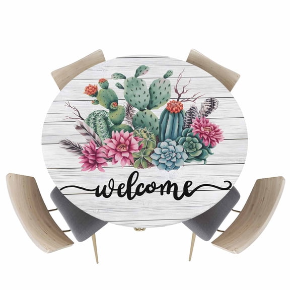 Round Fitted Tablecloth,Watercolor Tropical Cactus Flower Circle Table Cover Waterproof Table Cloth with Elastic Edge,Welcome Text White Wood Board Outdoor Tablecloths for Kitchen Picnic 45-54in