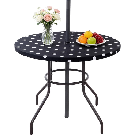 Round Fitted Tablecloth Waterproof Outdoor Tablecloth with Umbrella Hole Zipper Elastic Washable Patio Table Cover for Spring Summer Picnic Camping Fits 32-38" Table, Black Polka Dot