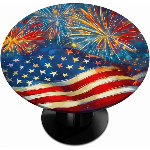 Round Fitted Tablecloth Wipeable Elastic Fireworks American Flag Table Cover Waterproof Circle Table Cloth for Indoor Outdoor Dining Kitchen Picnic Camping Patio Decor Gifts,Fit 40-44inch Tables