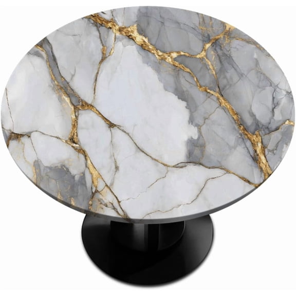 Round Fitted Tablecloth Wipeable Elastic White Gray Marble Table Cover Waterproof Circle Table Cloth for Indoor Outdoor Dining Kitchen Picnic Camping Patio Decor Gifts,Fit 40-44inch Tables