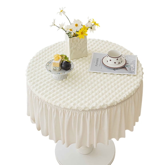 Round Fitted Tablecloth With Skirt,Stretch Seersucker Tablecloth,Non-slip Circle Table Covers For Living Room Balcony Dining Room-White-100cm(40in)