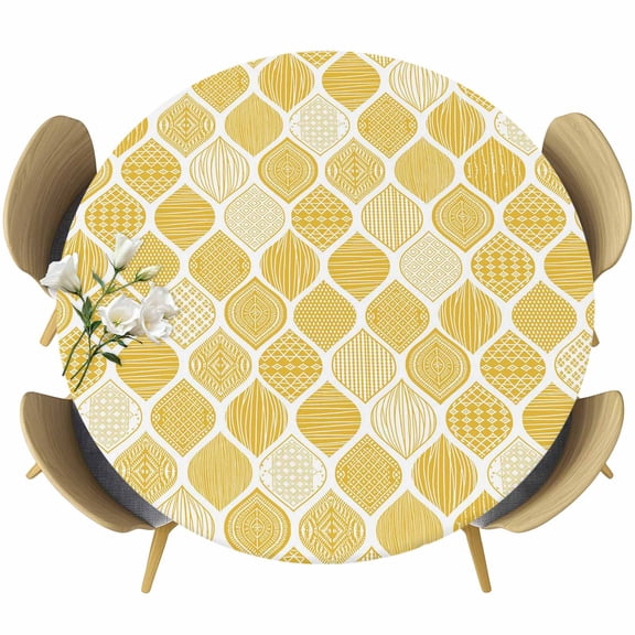 Round Fitted Tablecloth,Yellow Bohemian Geometric Texture Circle Table Cover Waterproof Table Cloth with Elastic Edge,Abstract Moroccan Pattern Outdoor Tablecloths for Kitchen Picnic 55-60in