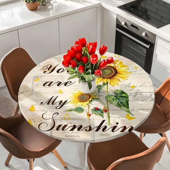 Round Fitted Tablecloth,You Are My Sunshine Words Circle Table Cover Waterproof Table Cloth with Elastic Edge,Retro Sunflowers on Paper Outdoor Tablecloths for Kitchen Picnic 36-44in