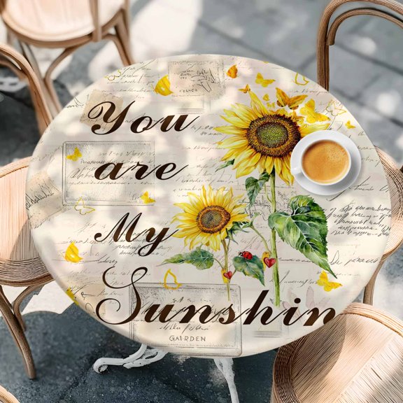 Round Fitted Tablecloth,You Are My Sunshine Words Circle Table Cover Waterproof Table Cloth with Elastic Edge,Retro Sunflowers on Paper Outdoor Tablecloths for Kitchen Picnic 55-60in