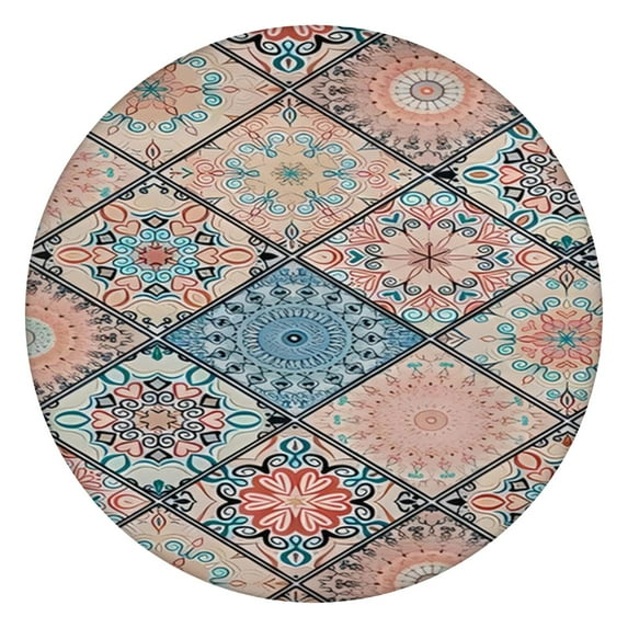 Round Fitted Tablecloth with Boho Floral Motif, 44 Inch Elastic Hem Fits 38 to 42 Inch Tables, Durable Spill Resistant for Indoor Outdoor Use