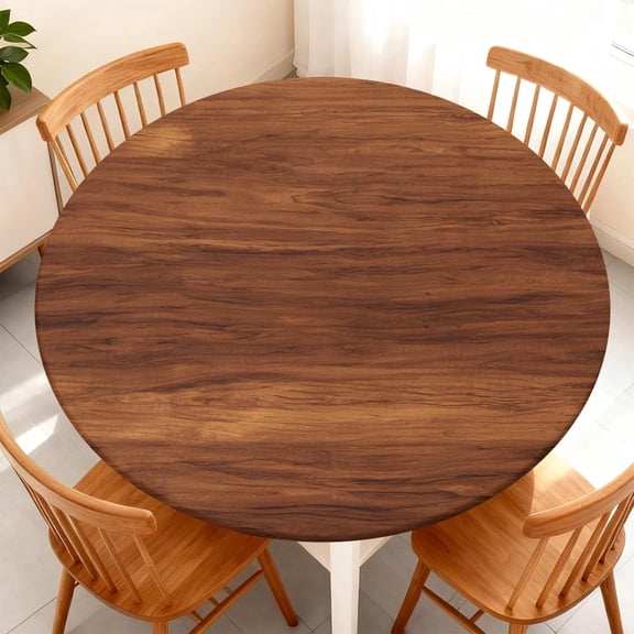 Round Fitted Tablecloth with Elastic Edge Design Table Cover Waterproof Stain-Resistant Wipeable Table Cloth Best for 37-44" Round Tables Wood Grain