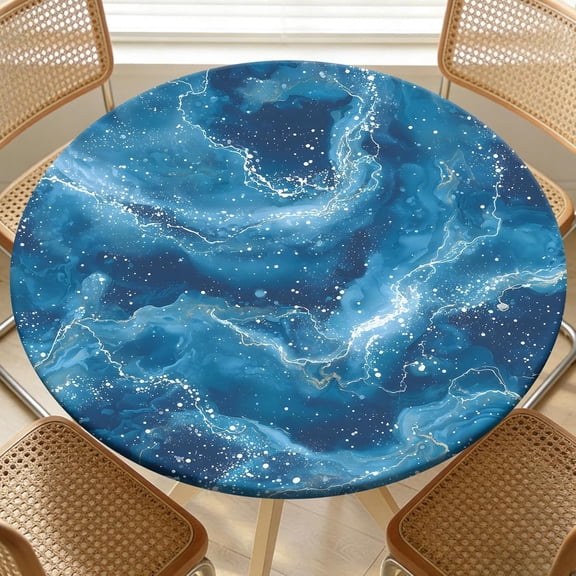 Round Fitted Tablecloth with Elastic Edge Design Table Cover Waterproof Stain-Resistant Wipeable Table Cloth Best for 38"-42" Round Tables Blue