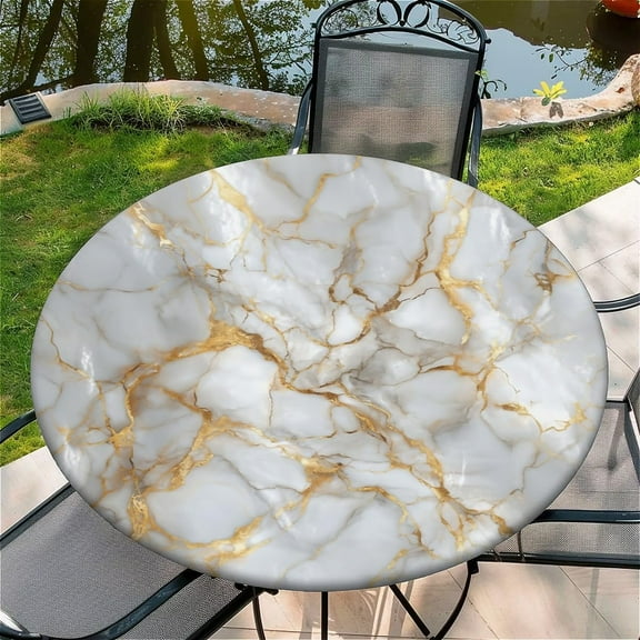 Round Fitted Tablecloth with Elastic Edge Design Table Cover Waterproof Stain-Resistant Wipeable Table Cloth Best for 38"-42" Round Tables Marble