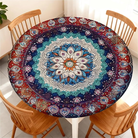 Round Fitted Tablecloth with Elastic Edge Design Table Cover Waterproof Stain-Resistant Wipeable Table Cloth Best for Round Tables Pattern