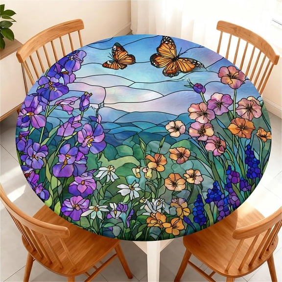 Round Fitted Tablecloth with Elastic Edge Design Table Cover Waterproof Stain-Resistant Wipeable Table Cloth Best for Round Tables Pattern