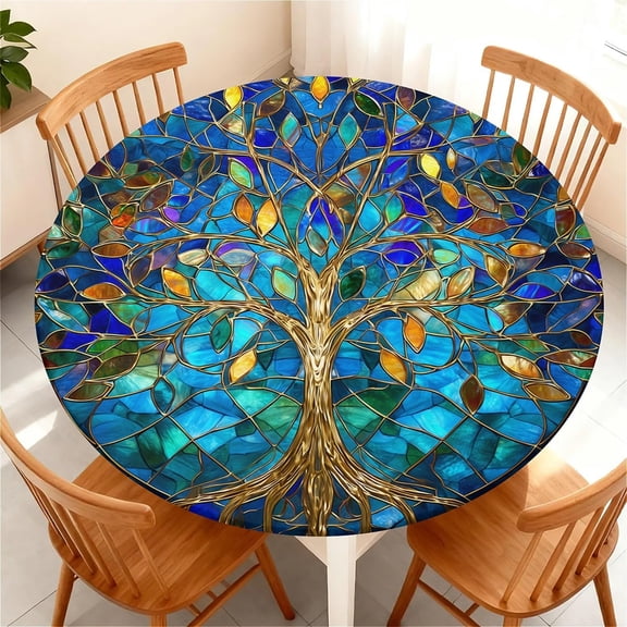 Round Fitted Tablecloth with Elastic Edge Design Table Cover Waterproof Stain-Resistant Wipeable Table Cloth Best for Round Tables Pattern