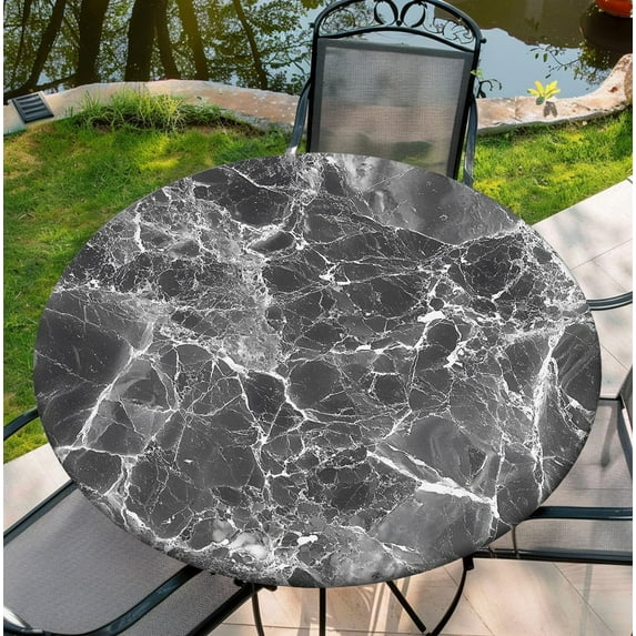 Round Fitted Tablecloth with Elastic for Round Tables Waterproof Wipeable Tablecloth for 38"-42" Table, 44Inch Tablecover, Marble