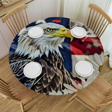 Round Fitted Tablecloth with Patriotic Stars Patio Table Cover Cloth E Wreath Round Tablecloth