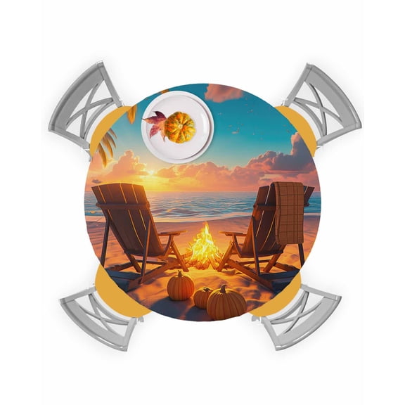Round Fitted Tablecloths Autumn Beach Campfire Pumpkin Waterproof Table Cover for Kitchen Dining Party Decor Fall Sunset Seaside Theme,55"-60"