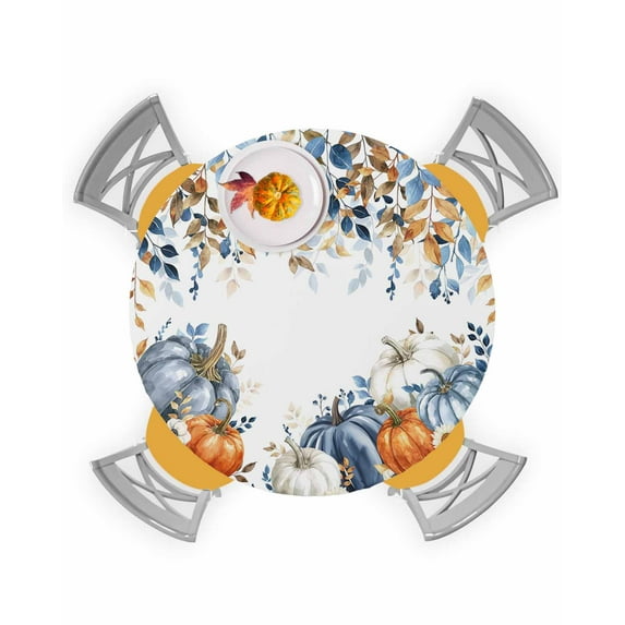 Round Fitted Tablecloths Autumn Pastoral Pumpkin Sunflower Waterproof Table Cover for Kitchen Dining Party Decor Fall Eucalyptus Leaves,45"-54"
