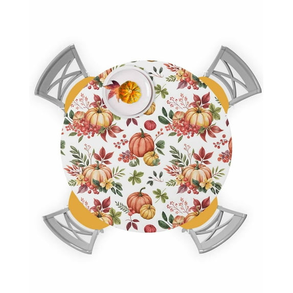 Round Fitted Tablecloths Autumn Watercolor Pumpkin Waterproof Table Cover for Kitchen Dining Party Decor Seamless Fall Botanical,55"-60"