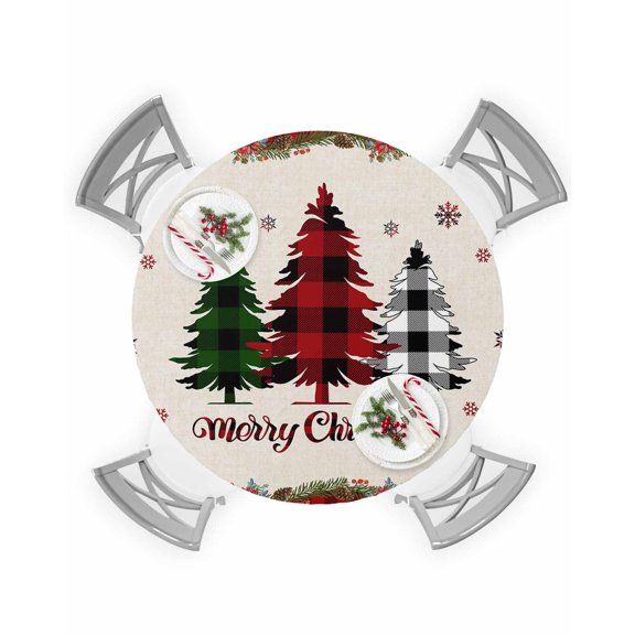 Round Fitted Tablecloths Christmas Red Buffalo Grid Tree Shadow Snowflake Waterproof Table Cover for Kitchen Dining Party Decor,45" - 54"