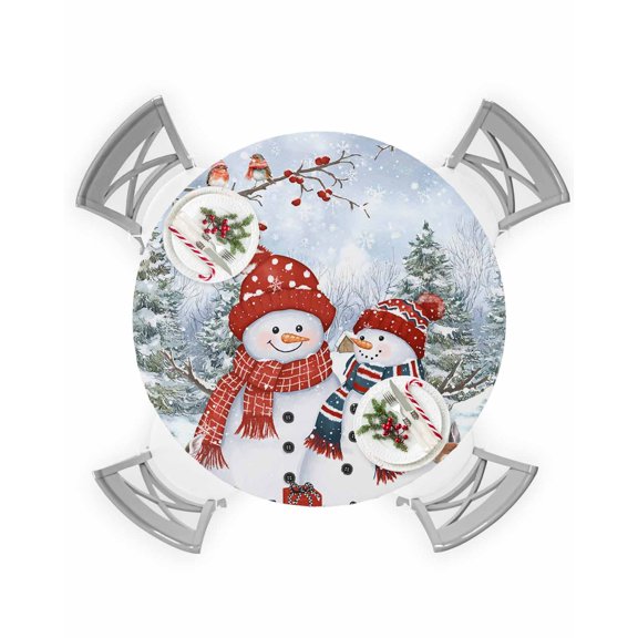 Round Fitted Tablecloths Christmas Snowman Deer Robin on Holly Branches Waterproof Table Cover for Kitchen Dining Party Decor,45" - 54"