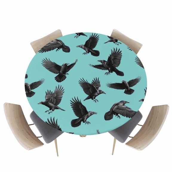 Round Fitted Tablecloths with Elastic Edge Abstract Halloween Crow Oil-Proof Waterproof Wipeable Table Cover for Kitchen Dining Party Decor Retro Animal on Green Table Clothes,45" - 54"
