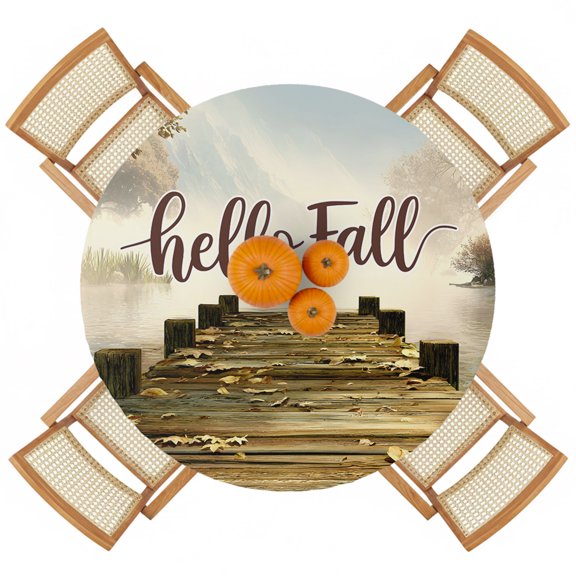 Round Fitted Tablecloths with Elastic Edge Autumn Maple Leaf Retro Plank Oil-Proof Waterproof Table Cover for Kitchen Dining Party Decor Watercolor Lake Vintage Bridge Table Clothes,36" - 44"