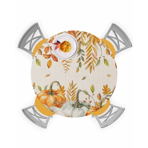Round Fitted Tablecloths with Elastic Edge Autumn Thanksgiving Plant Oil-Proof Waterproof Wipeable Table Cover for Kitchen Dining Party Decor Pumpkin Leaves Sunflower Linen Table Clothes,36" - 44"