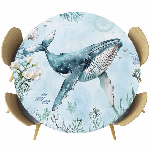 Round Fitted Tablecloths with Elastic Edge Beach Cyan Whale Coral Shell Oil-Proof Waterproof Wipeable Table Cover for Kitchen Dining Party Decor Summer Coastal Ocean Theme Table Clothes,36" - 44"