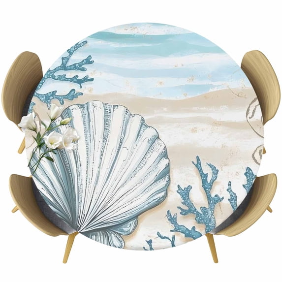 Round Fitted Tablecloths with Elastic Edge Cartoon Shell Gradient Blue Waves Oil-Proof Waterproof Wipeable Table Cover for Kitchen Dining Party Decor Summer Ocean Beach Coral Table Clothes,36" - 44"