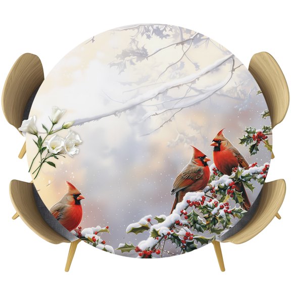Round Fitted Tablecloths with Elastic Edge Christmas Red Bird on Tree Branch Oil-Proof Waterproof Wipeable Table Cover for Kitchen Dining Party Decor Winter Berry Snow Scenery Table Clothes,36" - 44"