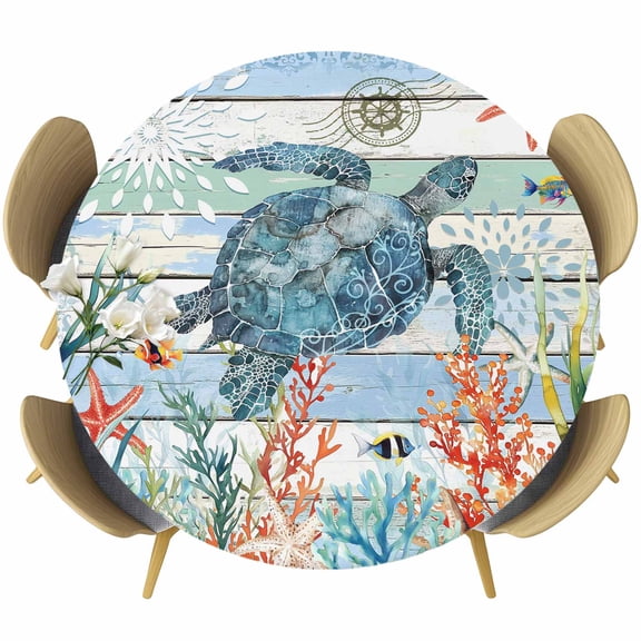 Round Fitted Tablecloths with Elastic Edge Coastal Blue Plank Ocean Turtle Oil-Proof Waterproof Wipeable Table Cover for Kitchen Dining Party Decor Underwater World Life Theme Table Clothes,36" - 44"