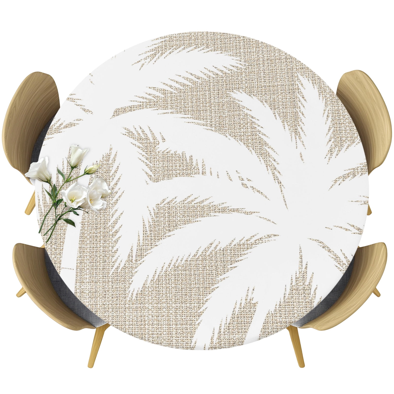 Round Fitted Tablecloths with Elastic Edge Coastal Palm Tree Retro ...